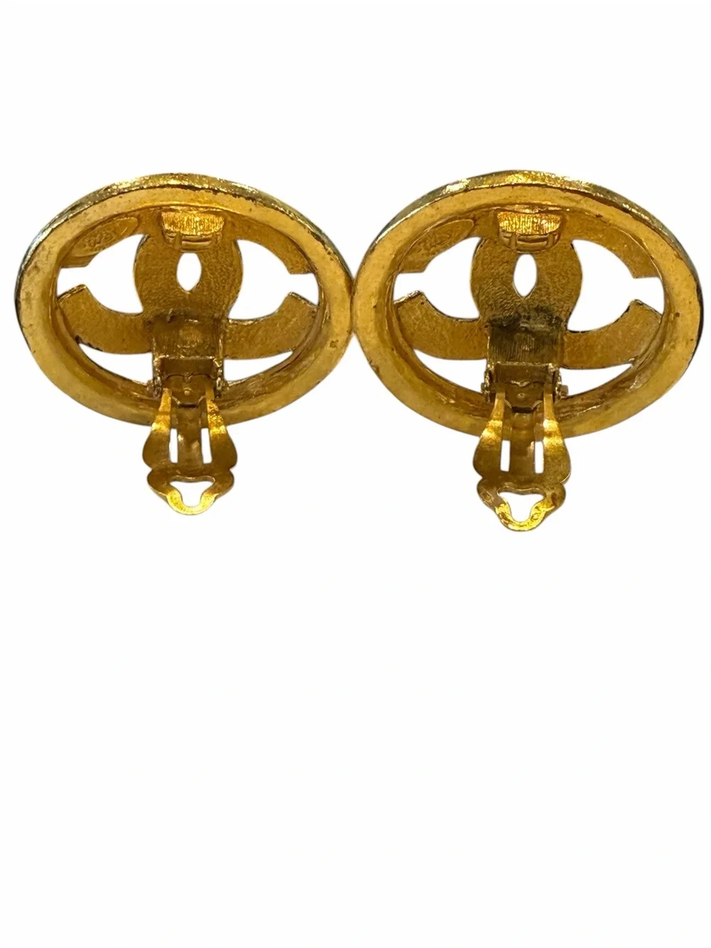 CHANEL Vintage Gold Plated Double C Round Clip-On Logo Earrings